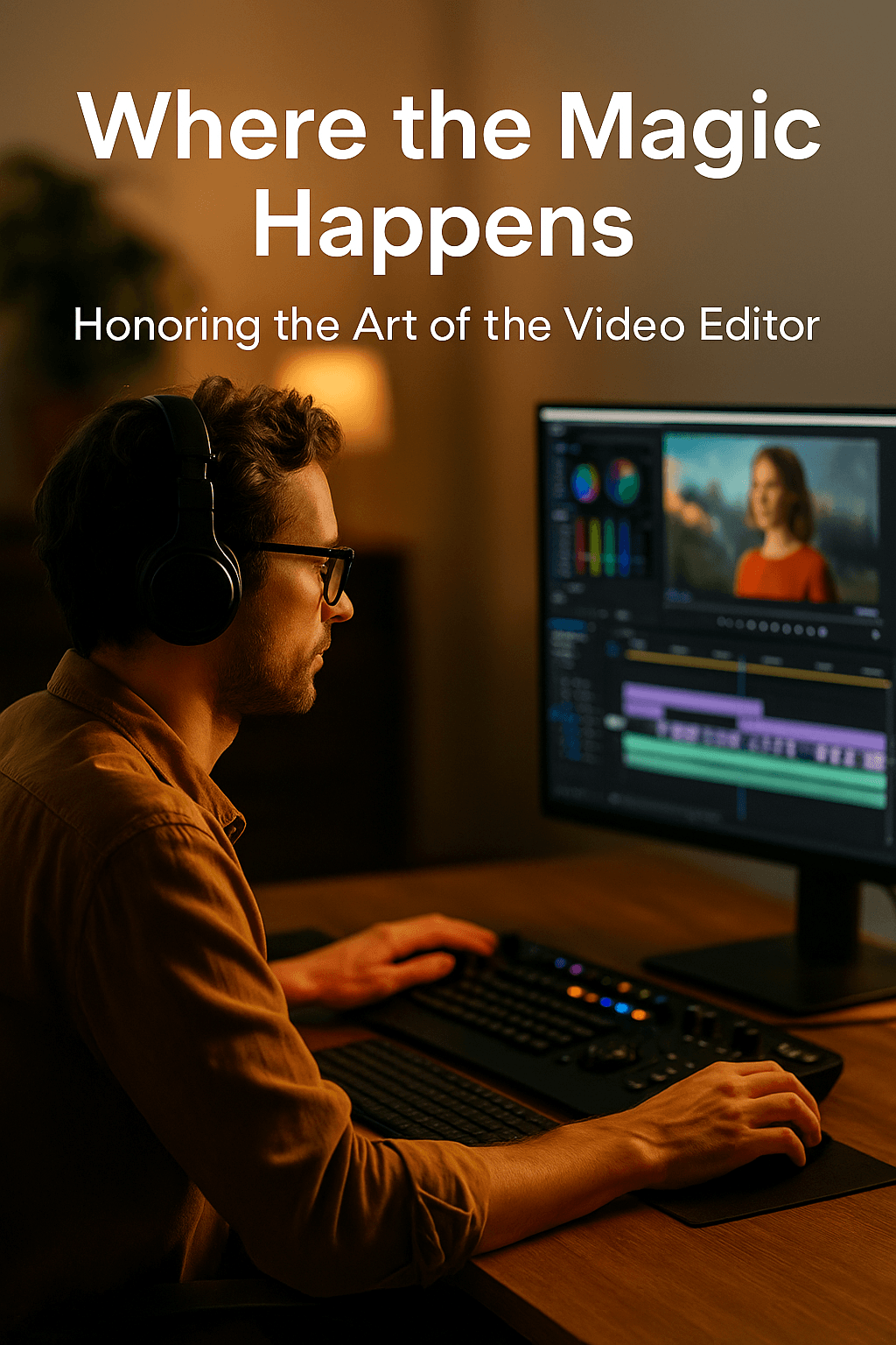 A focused video editor works in a warmly lit room, wearing headphones and adjusting a timeline on a professional editing suite. The screen displays color grading tools and a video preview of a woman in orange. Overlaid text reads “Where the Magic Happens – Honoring the Art of the Video Editor,” celebrating the quiet craft of post-production.