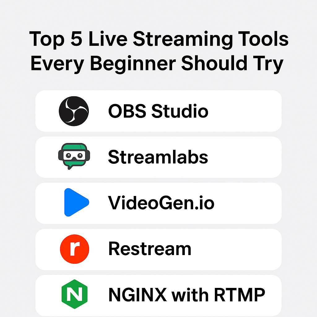 A digital graphic titled “Top 5 Live Streaming Tools Every Beginner Should Try” featuring five icons and labels arranged vertically: OBS Studio, Streamlabs, VideoGen.io, Restream, and NGINX with RTMP, all set against a clean light gray background.